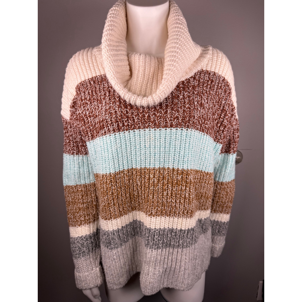 Lands’ End Striped Cowl Neck Sweater Brown Cream Medium